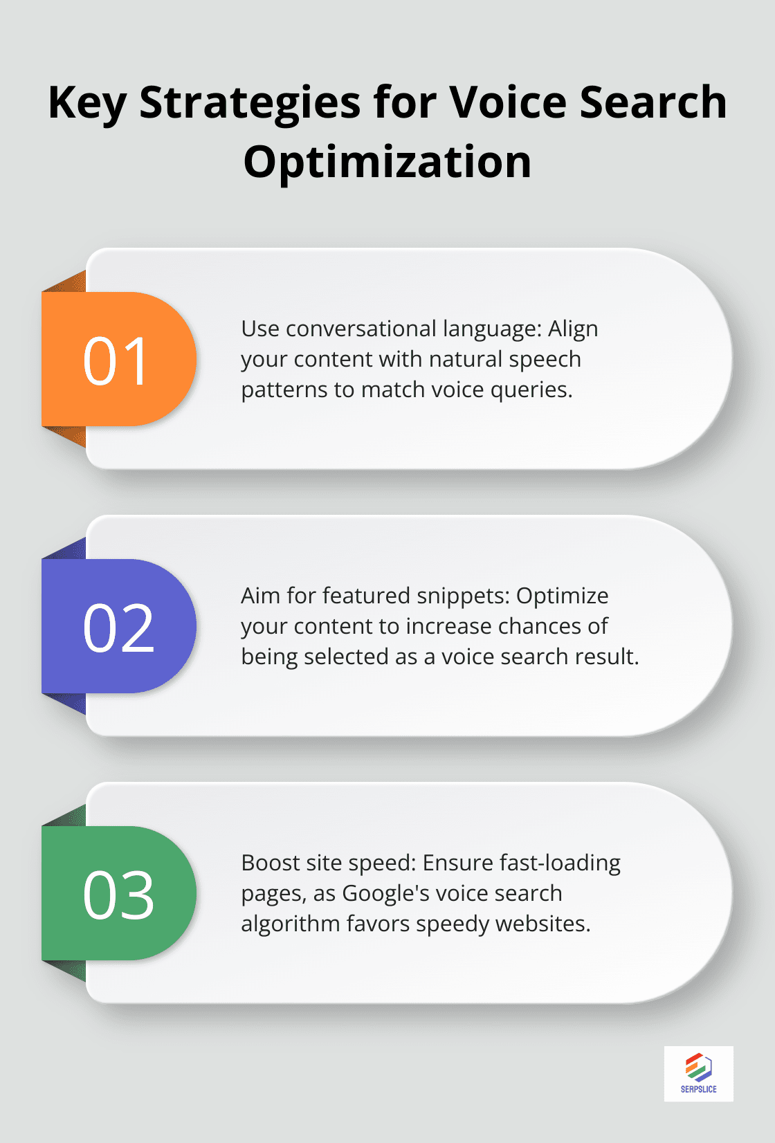 Ordered list showing three key strategies for voice search optimization: Use conversational language, Aim for featured snippets, and Boost site speed