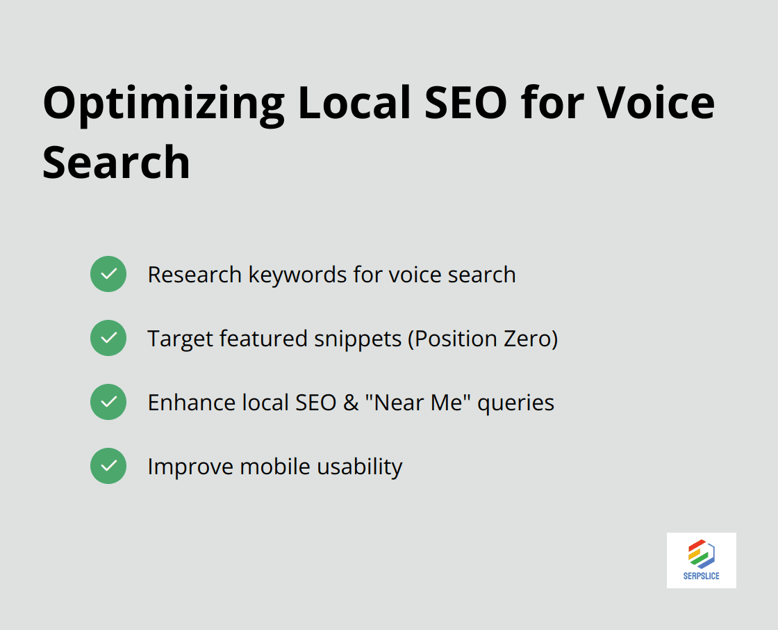 Checkmark list of four steps to optimize local SEO for voice search: Research keywords, Target featured snippets, Enhance local SEO, Improve mobile usability