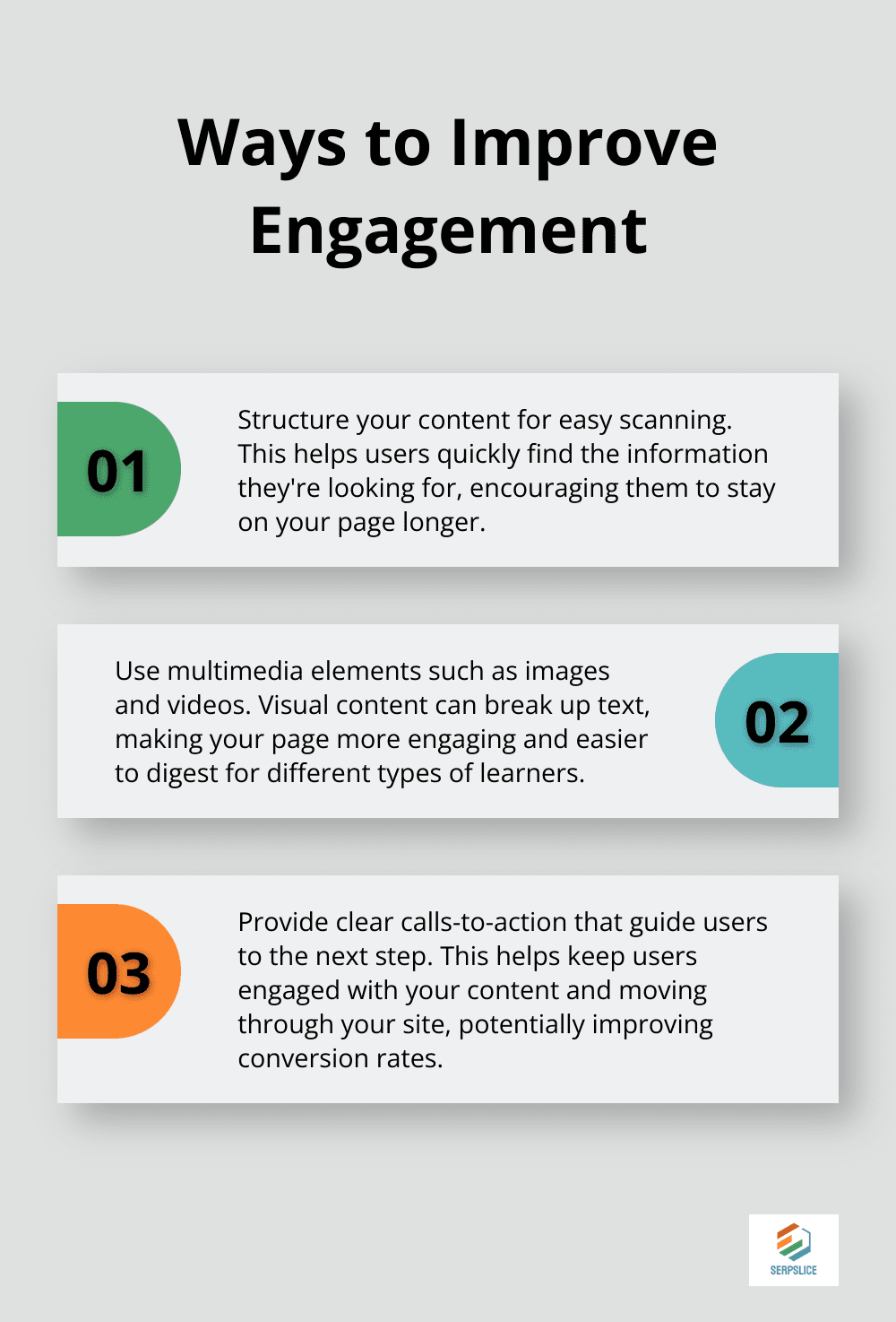 Ordered list showing three ways to improve engagement: Structure content for easy scanning, Use multimedia elements, and Provide clear calls-to-action